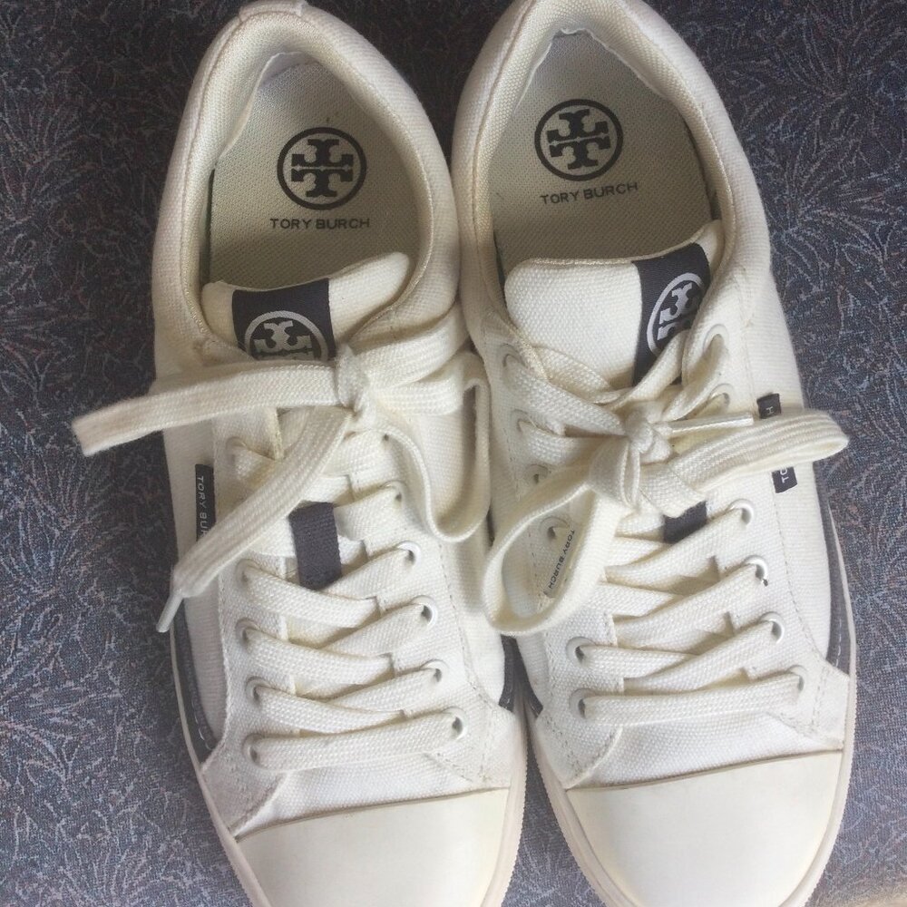 Tory Burch Women’s Canvas Sneakers – Off White & Navy Blue, Size 7.5M, Like New
